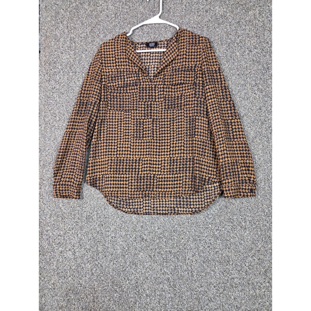Jones New York Blouse Women M Brown Geometric V-Neck‎ Long Sleeve Top